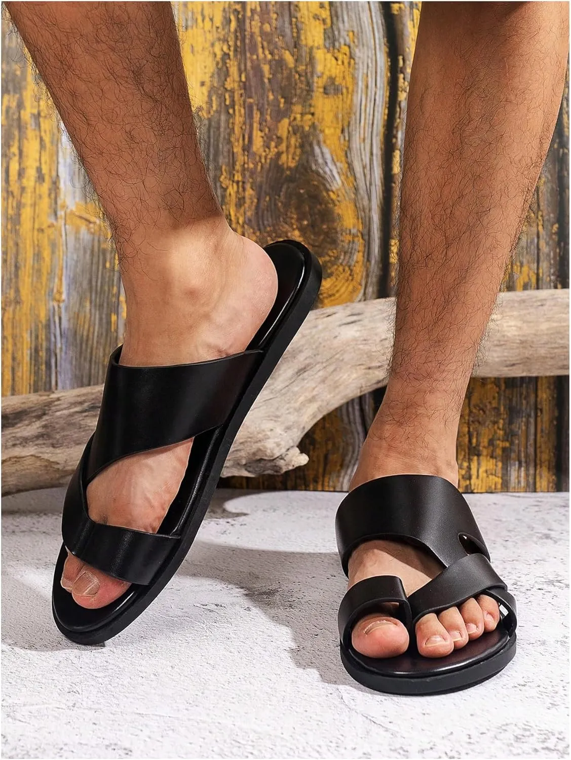 GORGLITTER Men's Beach Leather Sandals Slide Footwear Round Flip Flops Pu Slip On Slippers