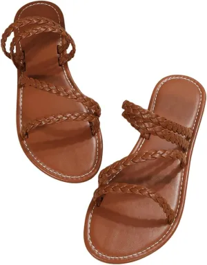 GORGLITTER Women's Braided Strappy Sandals Open Toe Slip on Dress Slide Sandals