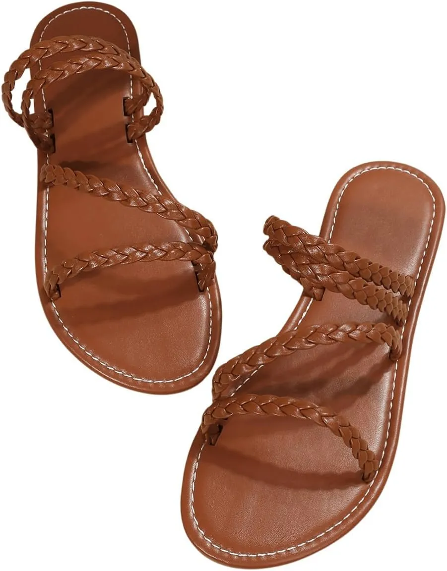 GORGLITTER Women's Braided Strappy Sandals Open Toe Slip on Dress Slide Sandals