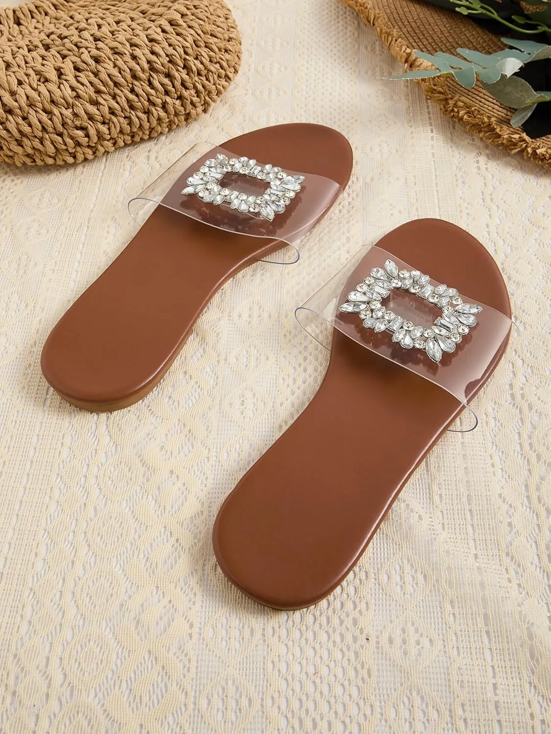 GORGLITTER Women's Clear Sandals Rhinestone Flat Dress Open Toe Slip On Slide Sandal
