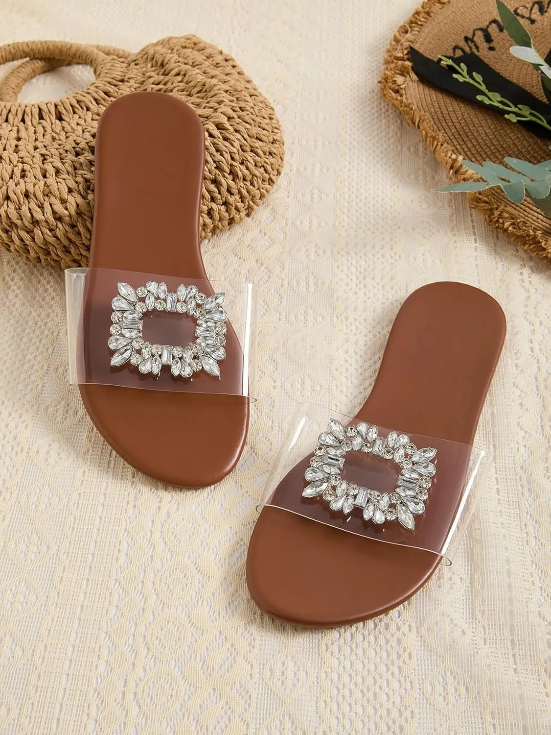 GORGLITTER Women's Clear Sandals Rhinestone Flat Dress Open Toe Slip On Slide Sandal