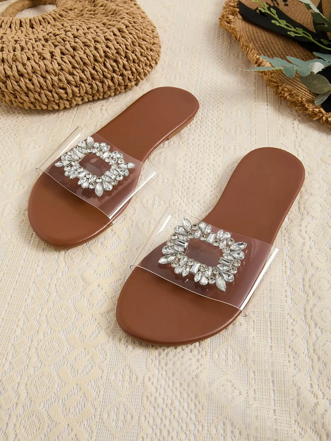 GORGLITTER Women's Clear Sandals Rhinestone Flat Dress Open Toe Slip On Slide Sandal
