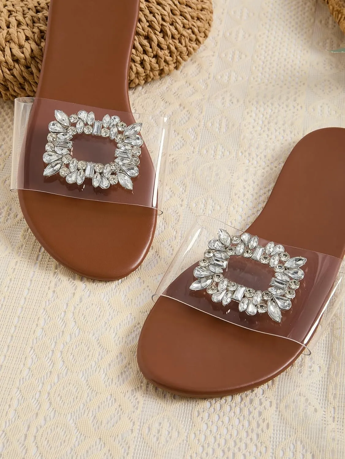 GORGLITTER Women's Clear Sandals Rhinestone Flat Dress Open Toe Slip On Slide Sandal