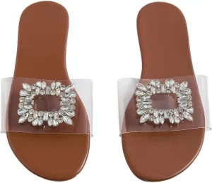 GORGLITTER Women's Clear Sandals Rhinestone Flat Dress Open Toe Slip On Slide Sandal