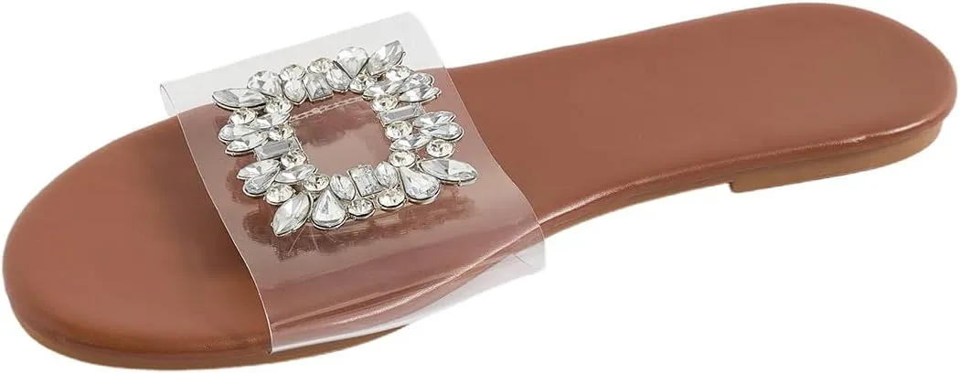 GORGLITTER Women's Clear Sandals Rhinestone Flat Dress Open Toe Slip On Slide Sandal