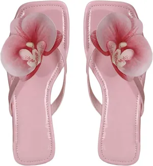 GORGLITTER Women's Flower Flat Sandals Flip Flops Square Open Toe Summer Slide Sandals Hot Pink 6.5