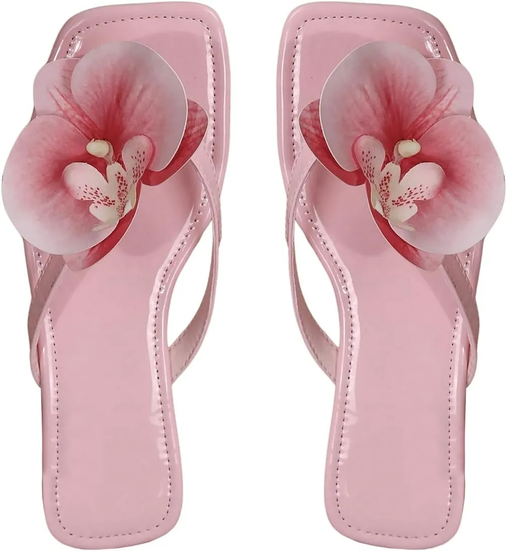 GORGLITTER Women's Flower Flat Sandals Flip Flops Square Open Toe Summer Slide Sandals Hot Pink 6.5