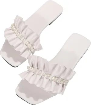 GORGLITTER Women's Pearl Flat Sandals Wedding Sandals for Bride Ruffle Trim Square Open Toe Summer Slides