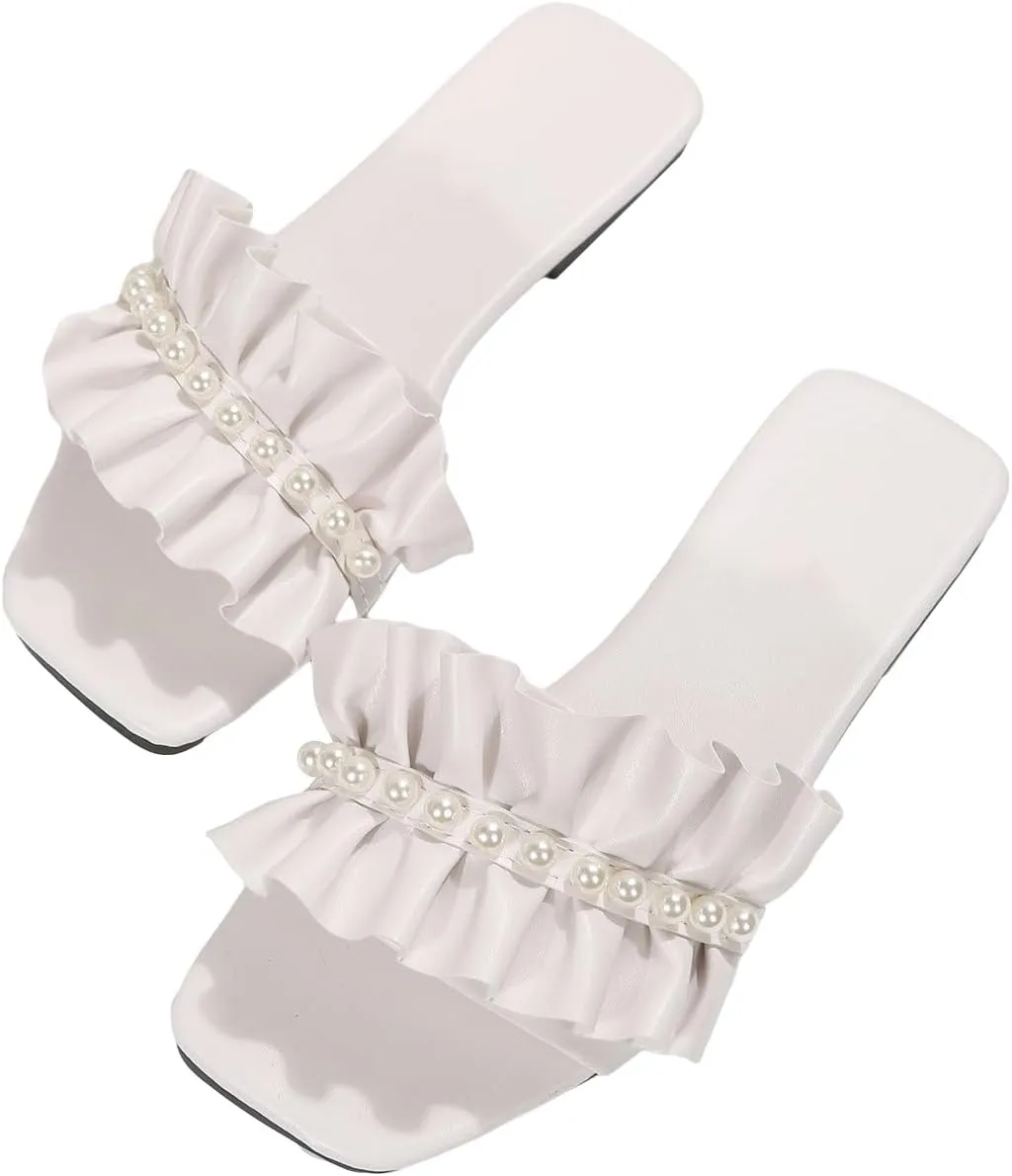 GORGLITTER Women's Pearl Flat Sandals Wedding Sandals for Bride Ruffle Trim Square Open Toe Summer Slides