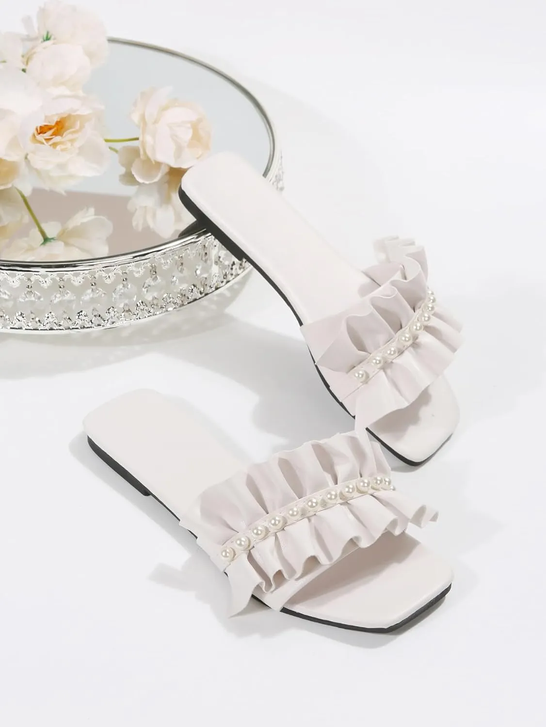 GORGLITTER Women's Pearl Flat Sandals Wedding Sandals for Bride Ruffle Trim Square Open Toe Summer Slides