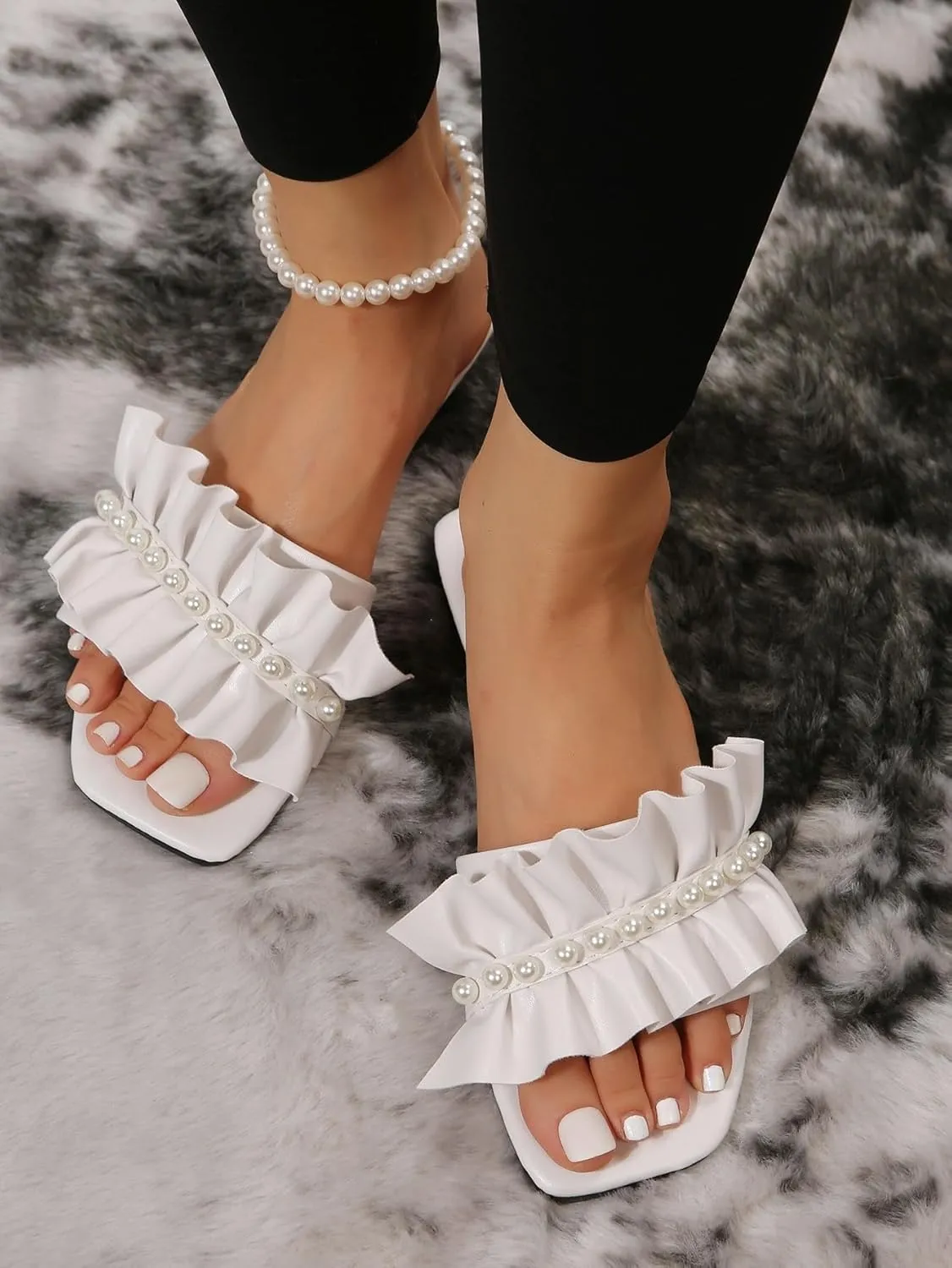 GORGLITTER Women's Pearl Flat Sandals Wedding Sandals for Bride Ruffle Trim Square Open Toe Summer Slides
