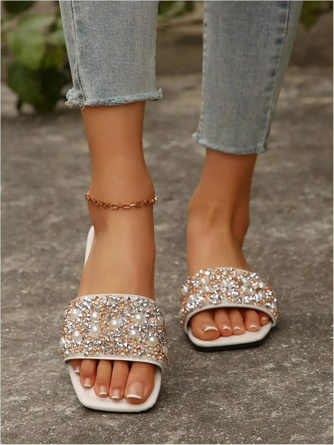 GORGLITTER Women's Pearl Sandals Leather Square Open Toe Slip On Dressy Wedding Flat Sandals