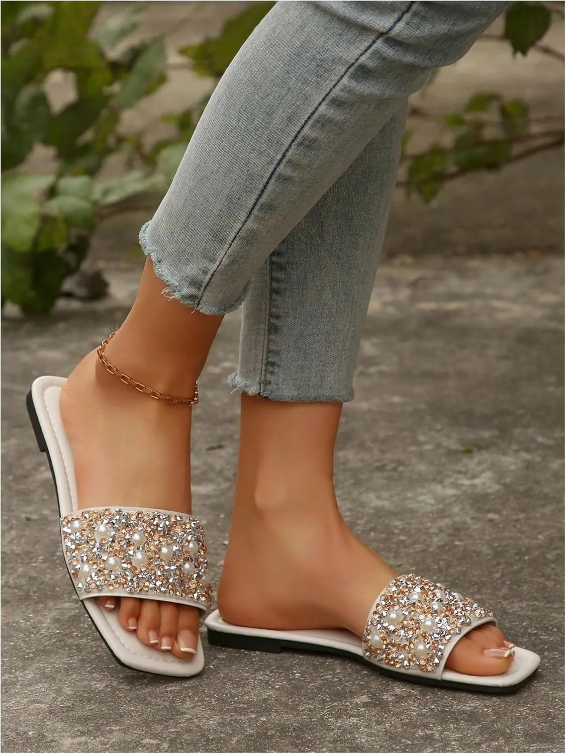 GORGLITTER Women's Pearl Sandals Leather Square Open Toe Slip On Dressy Wedding Flat Sandals