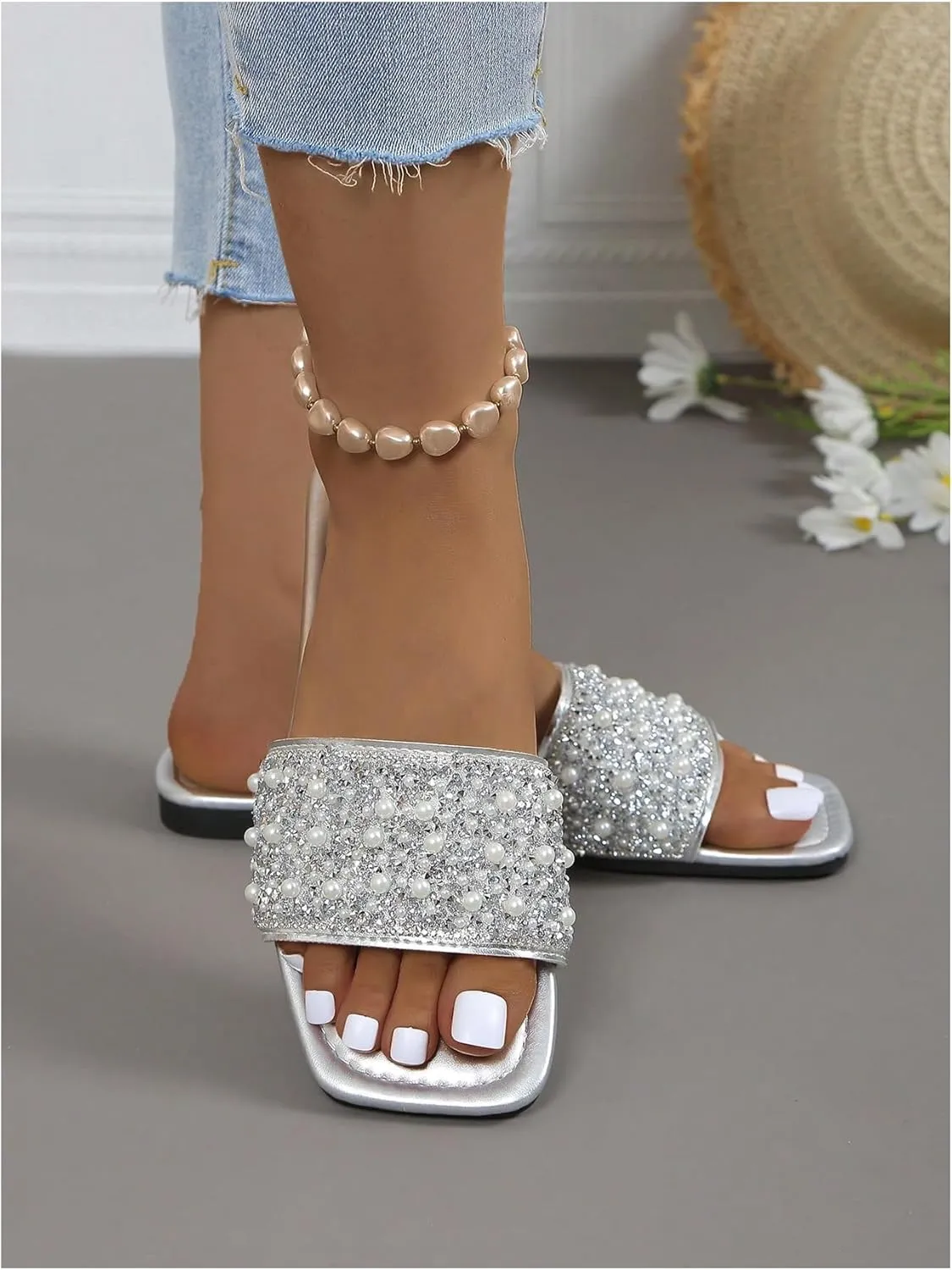 GORGLITTER Women's Pearl Sandals Leather Square Open Toe Slip On Dressy Wedding Flat Sandals