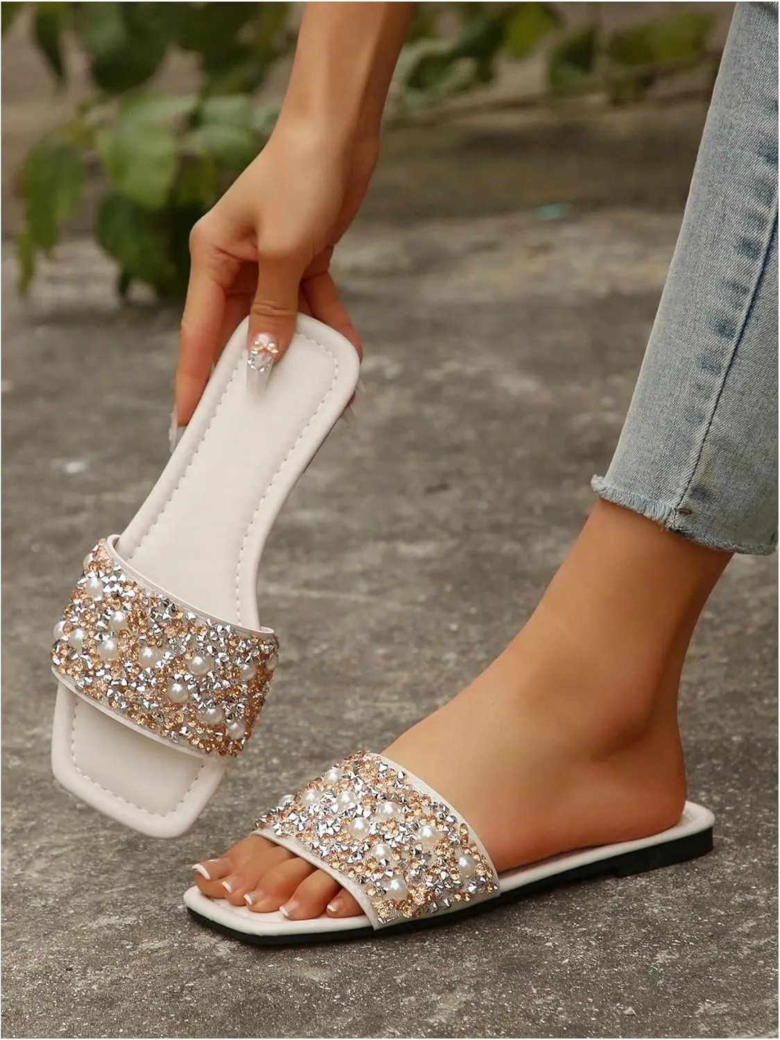GORGLITTER Women's Pearl Sandals Leather Square Open Toe Slip On Dressy Wedding Flat Sandals