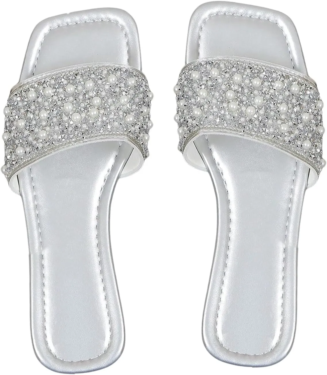 GORGLITTER Women's Pearl Sandals Leather Square Open Toe Slip On Dressy Wedding Flat Sandals