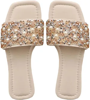GORGLITTER Women's Pearl Sandals Leather Square Open Toe Slip On Dressy Wedding Flat Sandals