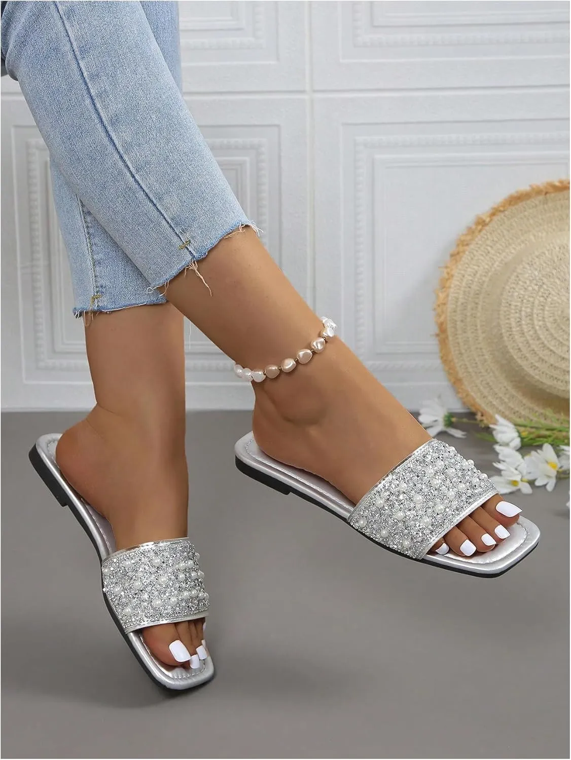 GORGLITTER Women's Pearl Sandals Leather Square Open Toe Slip On Dressy Wedding Flat Sandals