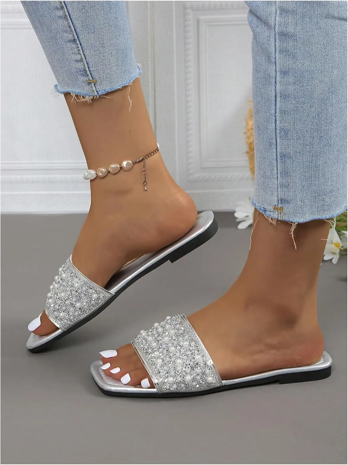 GORGLITTER Women's Pearl Sandals Leather Square Open Toe Slip On Dressy Wedding Flat Sandals