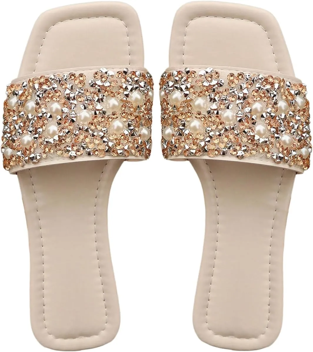 GORGLITTER Women's Pearl Sandals Leather Square Open Toe Slip On Dressy Wedding Flat Sandals