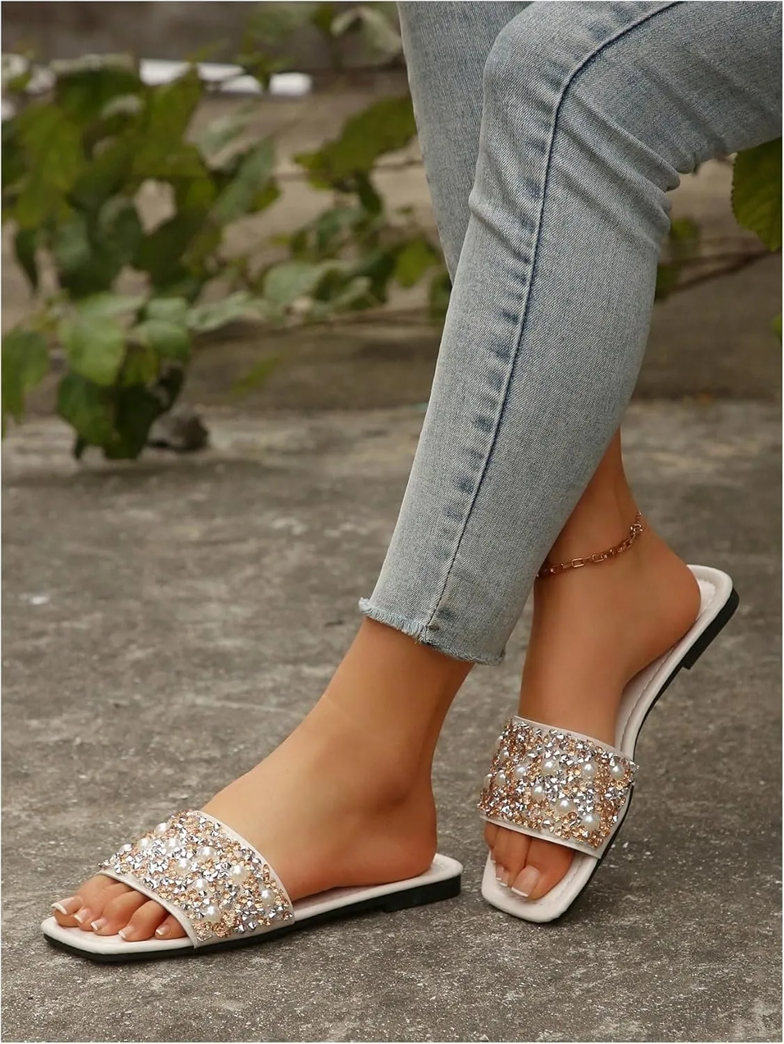 GORGLITTER Women's Pearl Sandals Leather Square Open Toe Slip On Dressy Wedding Flat Sandals
