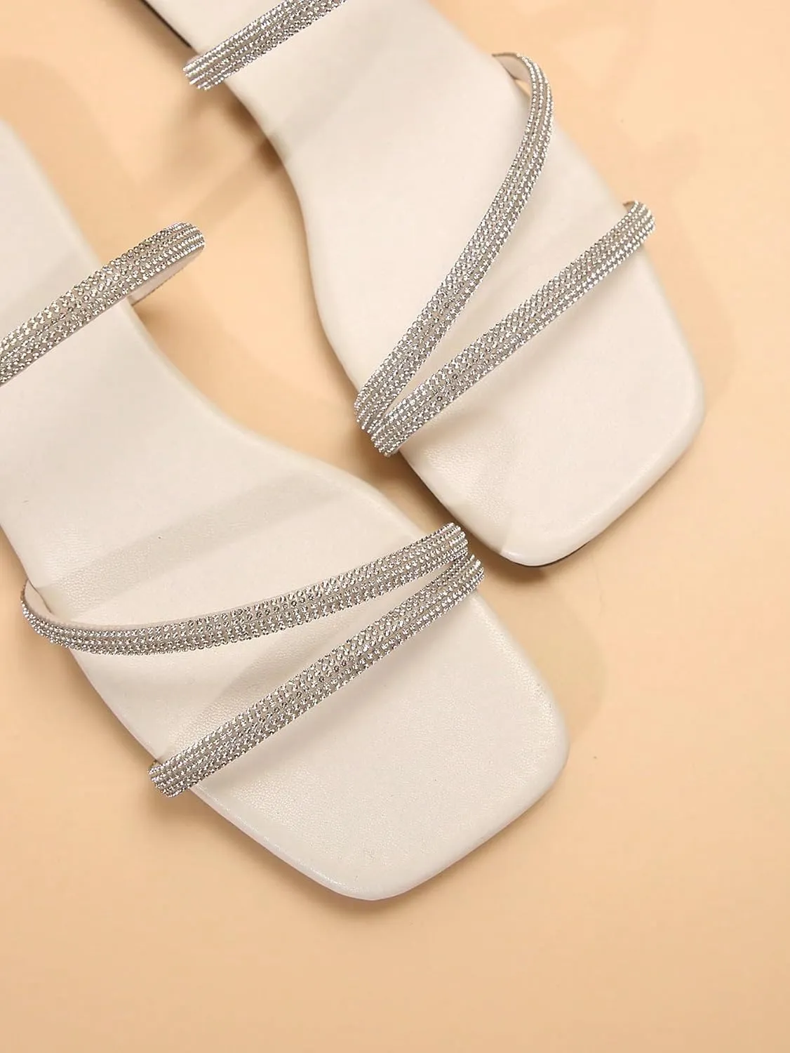GORGLITTER Women's Rhinestone Flat Sandals Strappy Slip on Open Toe Slide Sandals
