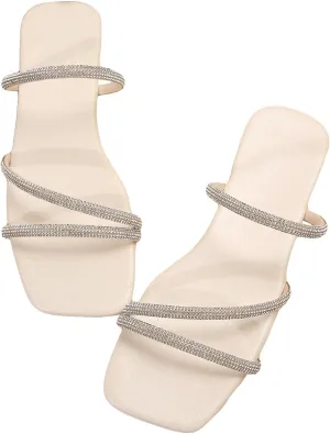 GORGLITTER Women's Rhinestone Flat Sandals Strappy Slip on Open Toe Slide Sandals