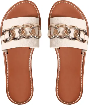 GORGLITTER Women's Sparkly Chain Link Open Toe Slide Sandals Slip On Dressy Summer Flat Sandals