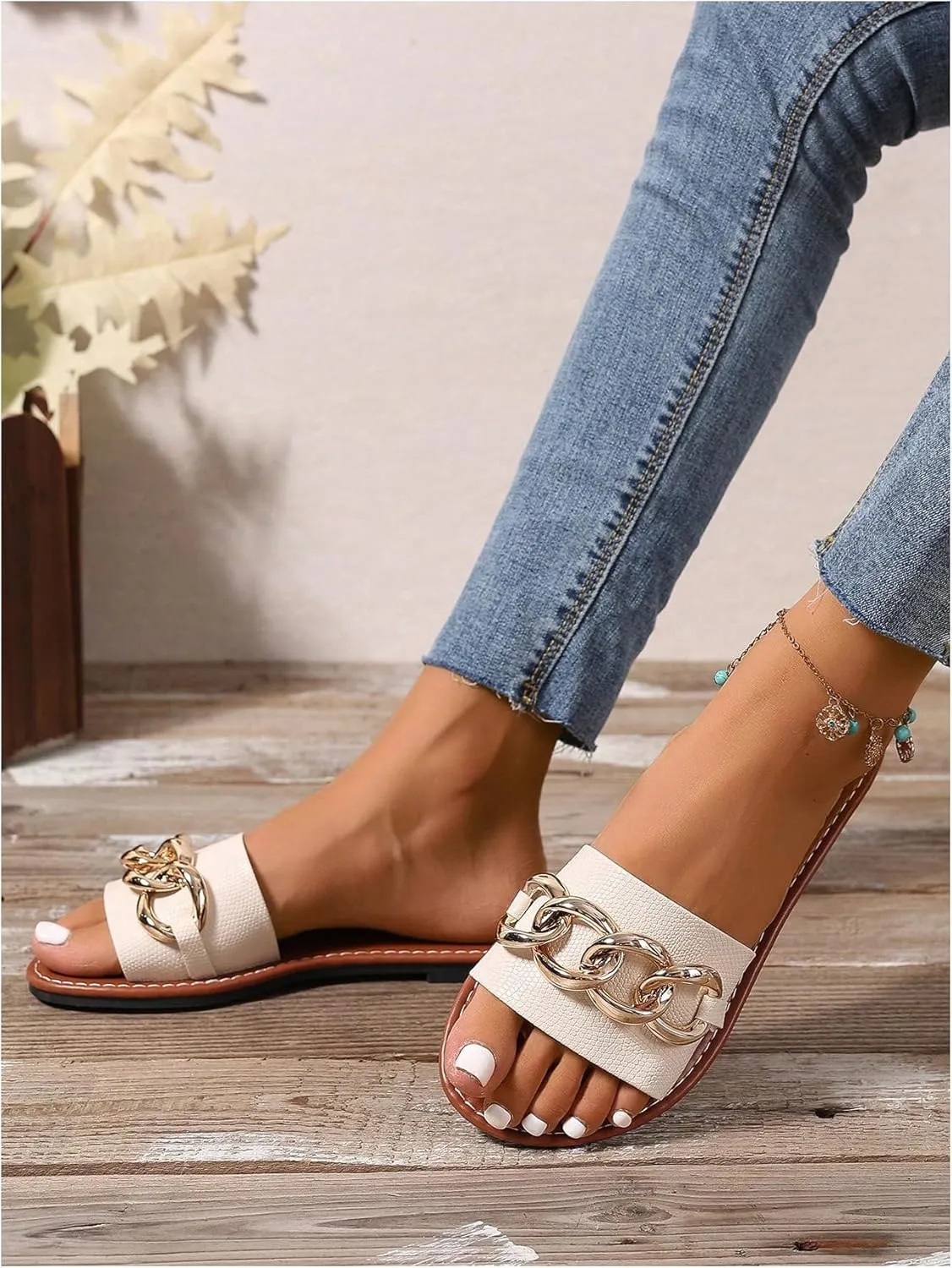 GORGLITTER Women's Sparkly Chain Link Open Toe Slide Sandals Slip On Dressy Summer Flat Sandals