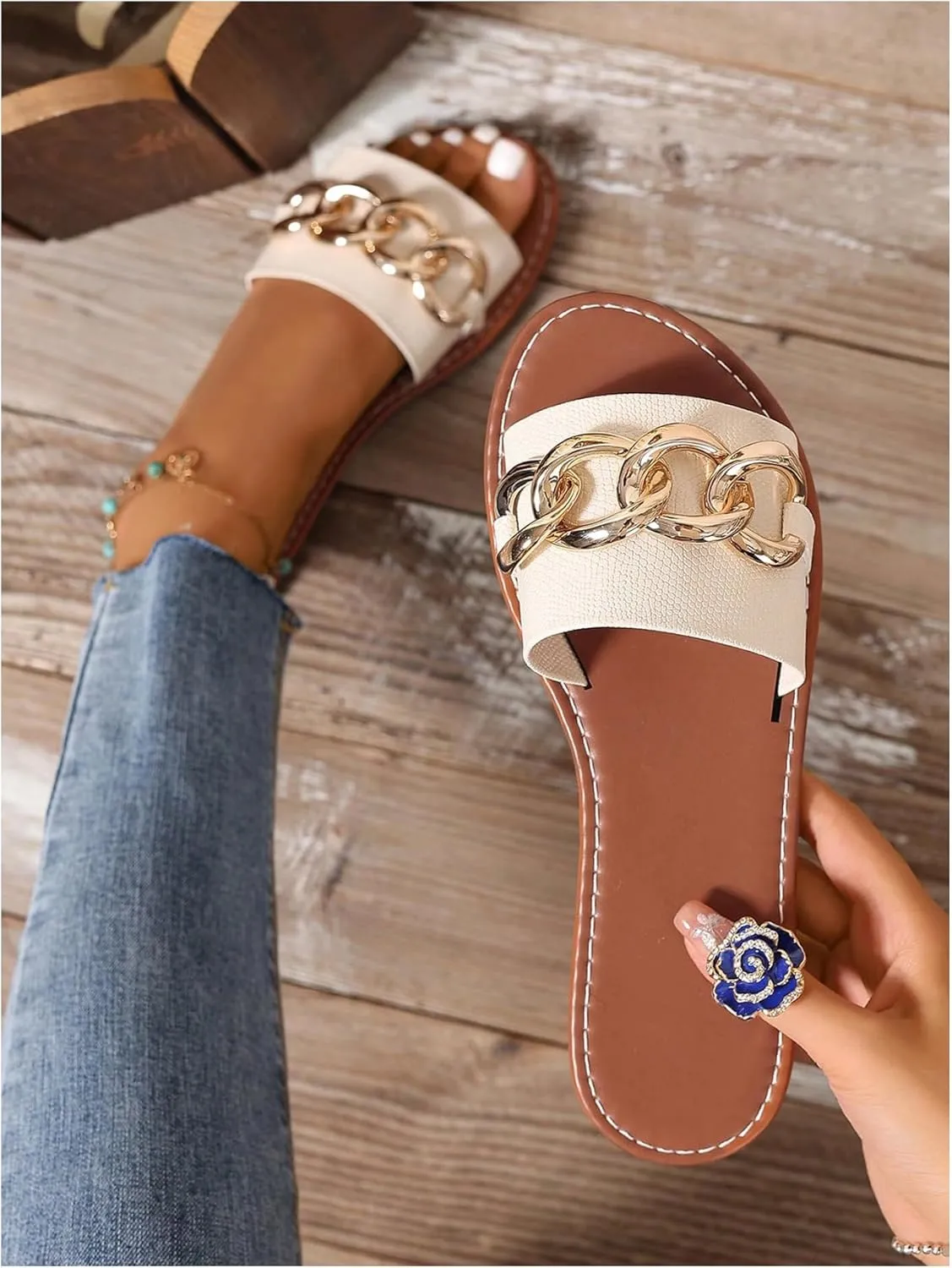 GORGLITTER Women's Sparkly Chain Link Open Toe Slide Sandals Slip On Dressy Summer Flat Sandals