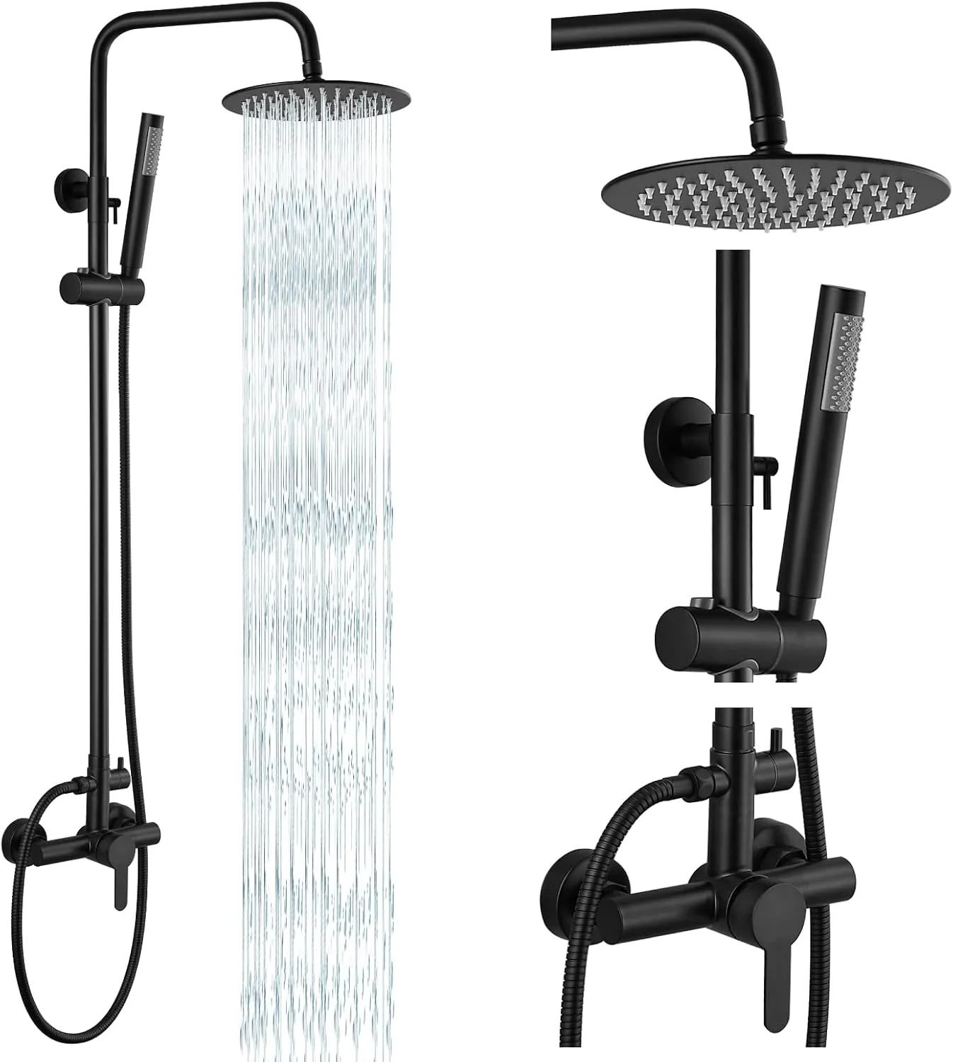 gotonovo Matte Black Outdoor Shower Fixture Rainfall Single Handle Shower System Set High Pressure Wall Mount 2 Dual Function 8 Inch Shower Head and Handheld Spray SUS304 Shower Faucet Combo