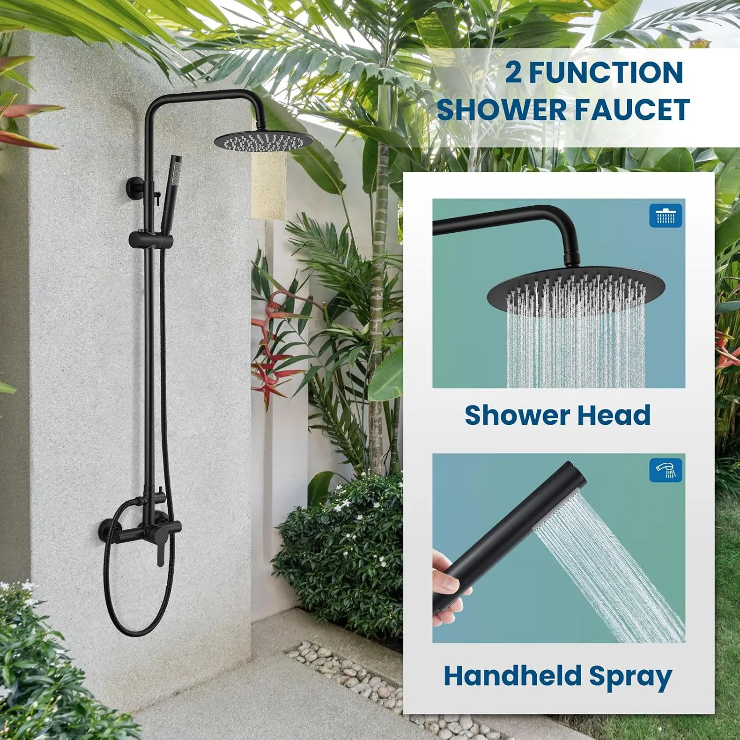 gotonovo Matte Black Outdoor Shower Fixture Rainfall Single Handle Shower System Set High Pressure Wall Mount 2 Dual Function 8 Inch Shower Head and Handheld Spray SUS304 Shower Faucet Combo