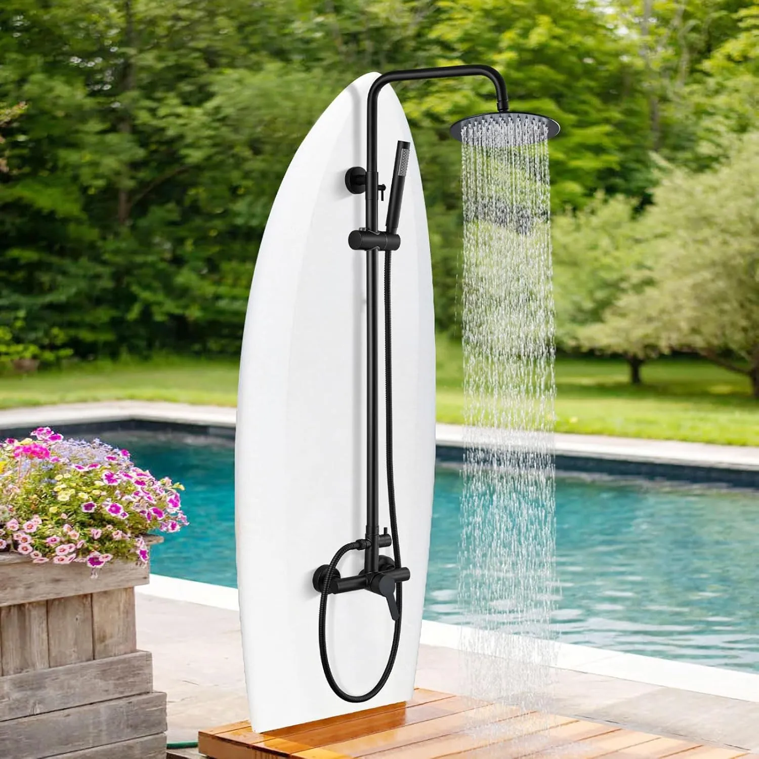 gotonovo Matte Black Outdoor Shower Fixture Rainfall Single Handle Shower System Set High Pressure Wall Mount 2 Dual Function 8 Inch Shower Head and Handheld Spray SUS304 Shower Faucet Combo