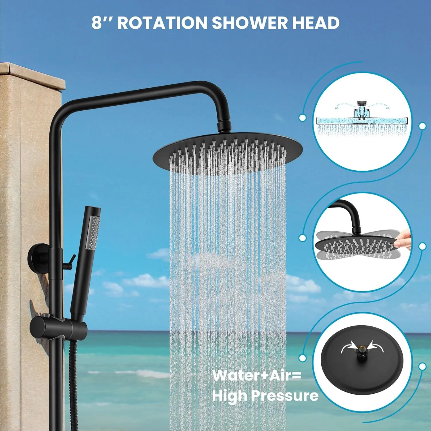 gotonovo Matte Black Outdoor Shower Fixture Rainfall Single Handle Shower System Set High Pressure Wall Mount 2 Dual Function 8 Inch Shower Head and Handheld Spray SUS304 Shower Faucet Combo