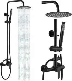 gotonovo Matte Black Outdoor Shower Fixture Rainfall Single Handle Shower System Set High Pressure Wall Mount 2 Dual Function 8 Inch Shower Head and Handheld Spray SUS304 Shower Faucet Combo