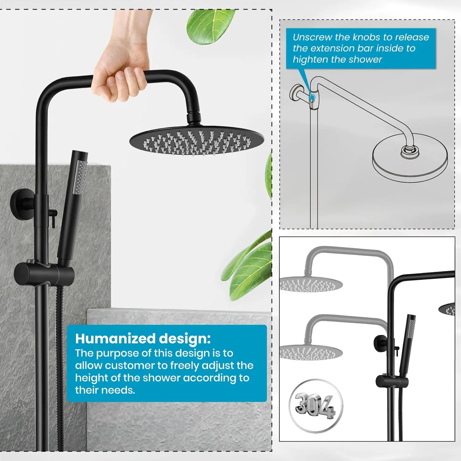 gotonovo Matte Black Outdoor Shower Fixture Rainfall Single Handle Shower System Set High Pressure Wall Mount 2 Dual Function 8 Inch Shower Head and Handheld Spray SUS304 Shower Faucet Combo