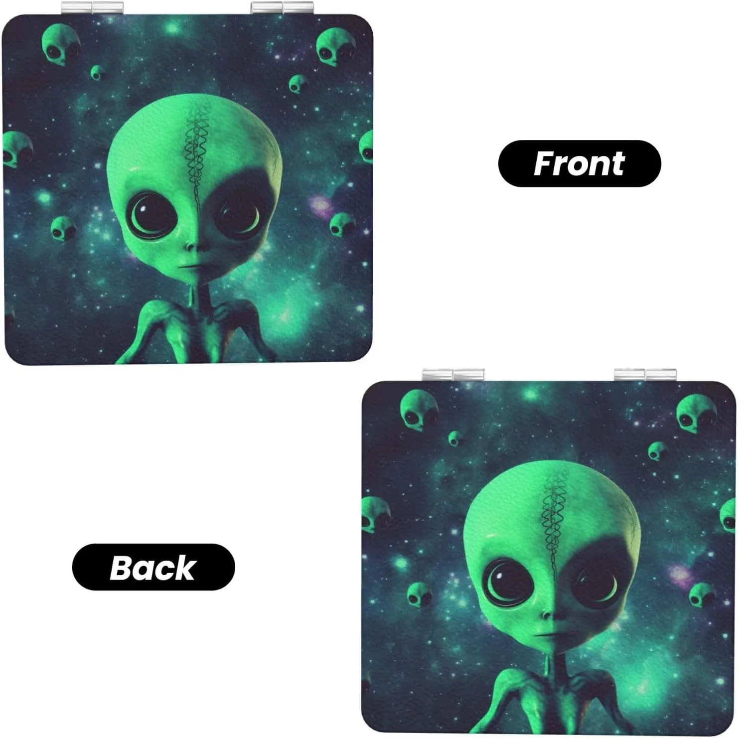 Green Alien Printed Square Pocket Makeup Mirror with 1X/2X Magnification, Portable Mini Travel Makeup Mirror for Travel Daily Work Beauty