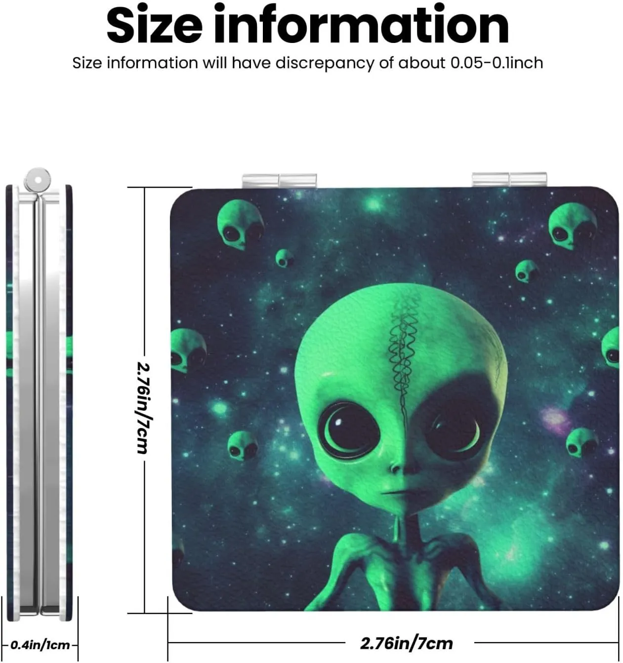Green Alien Printed Square Pocket Makeup Mirror with 1X/2X Magnification, Portable Mini Travel Makeup Mirror for Travel Daily Work Beauty