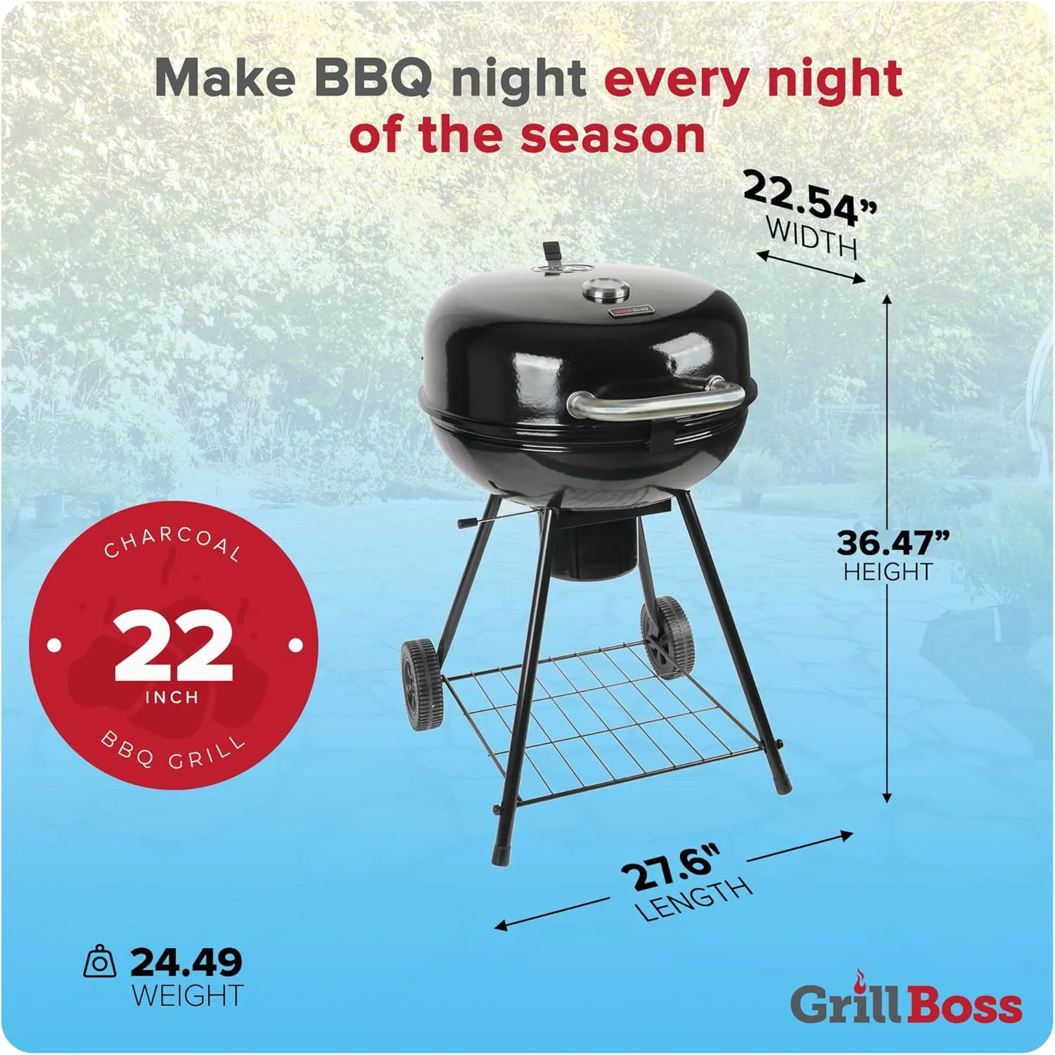 Grill Boss 22 Inch Kettle Charcoal Grill, Porcelain Steel Lid, Large Cooking Area, Black