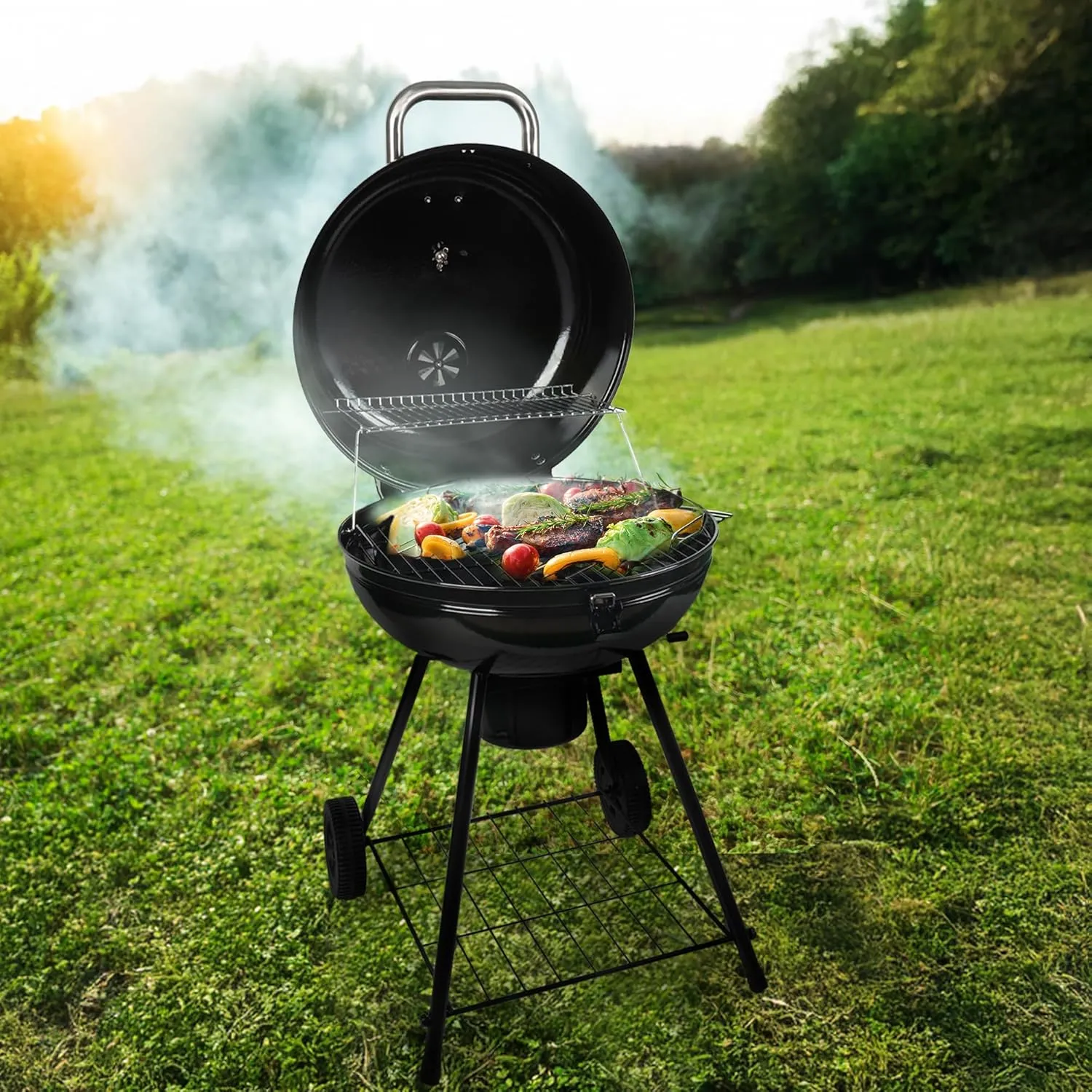 Grill Boss 22 Inch Kettle Charcoal Grill, Porcelain Steel Lid, Large Cooking Area, Black