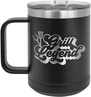 Grill Legend B BLACK 15 oz Coffee Cup w/Slide Top Lid | Insulated Travel Coffee Mug | BBQ & Grilling Gift Idea For Men Who Have Everything, Dad & Grandpa | Compare To Yeti Rambler | ONLYGIFTS.COM