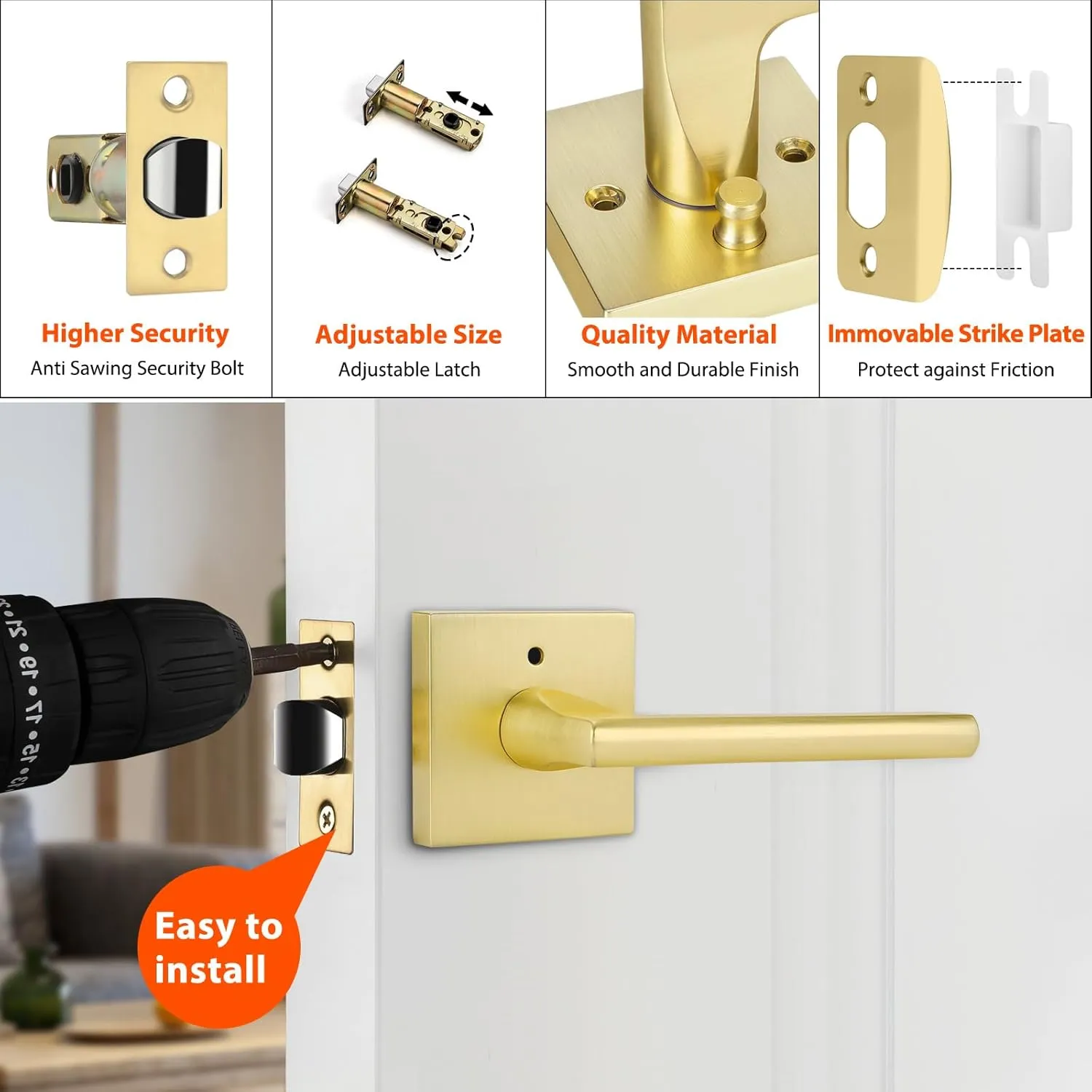 Haidms Brushed Gold Interior Door Handle, Privacy Door Handle Door Locks for Bedrooms and Bathroom, Heavy Duty Brass Modern Square Door Lever, Reversible Keyless Push Button Lock(6 Pack)