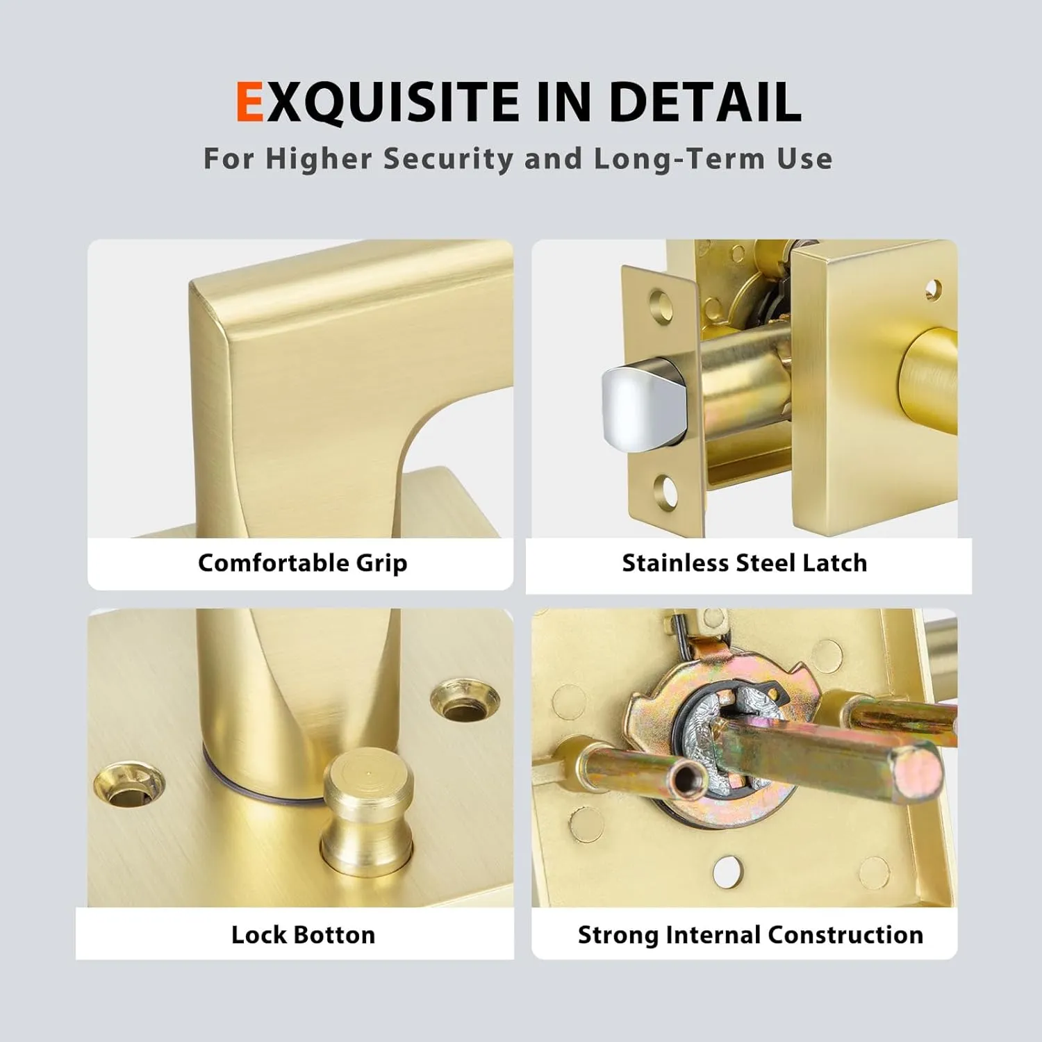 Haidms Brushed Gold Interior Door Handle, Privacy Door Handle Door Locks for Bedrooms and Bathroom, Heavy Duty Brass Modern Square Door Lever, Reversible Keyless Push Button Lock(6 Pack)