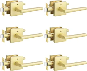Haidms Brushed Gold Interior Door Handle, Privacy Door Handle Door Locks for Bedrooms and Bathroom, Heavy Duty Brass Modern Square Door Lever, Reversible Keyless Push Button Lock(6 Pack)