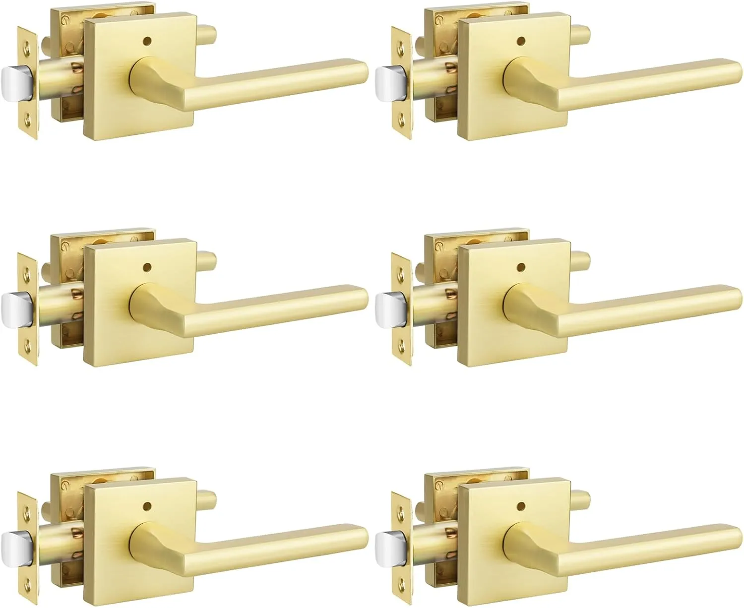 Haidms Brushed Gold Interior Door Handle, Privacy Door Handle Door Locks for Bedrooms and Bathroom, Heavy Duty Brass Modern Square Door Lever, Reversible Keyless Push Button Lock(6 Pack)