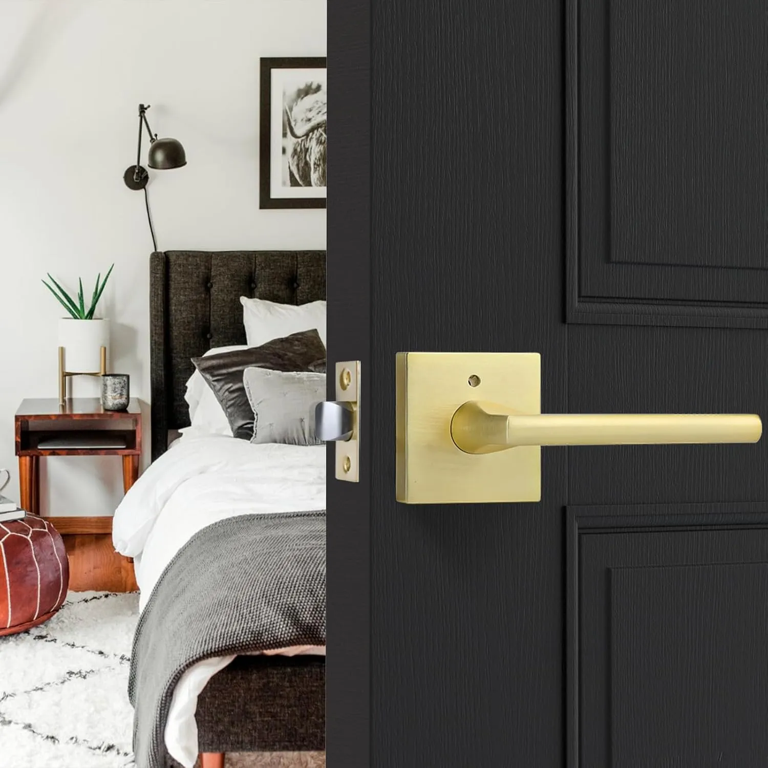 Haidms Brushed Gold Interior Door Handle, Privacy Door Handle Door Locks for Bedrooms and Bathroom, Heavy Duty Brass Modern Square Door Lever, Reversible Keyless Push Button Lock(6 Pack)