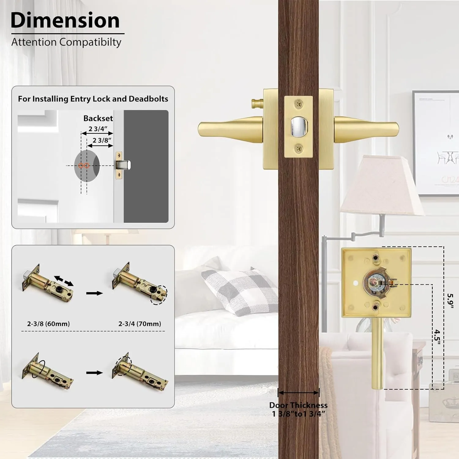 Haidms Brushed Gold Interior Door Handle, Privacy Door Handle Door Locks for Bedrooms and Bathroom, Heavy Duty Brass Modern Square Door Lever, Reversible Keyless Push Button Lock(6 Pack)