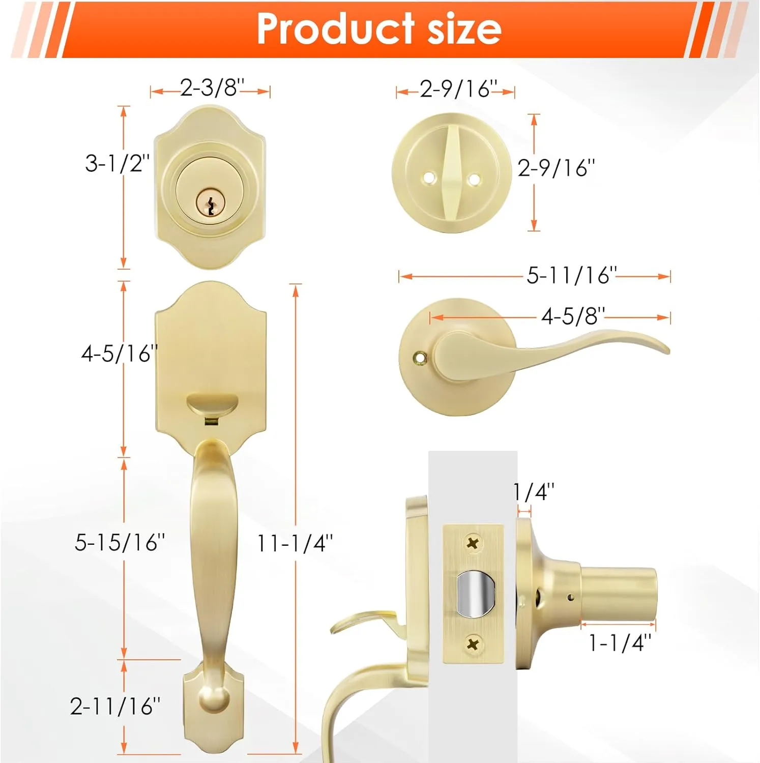 Haidms Gold Front Door Handle and Deadbolt Set, Front Door Lock Set, Gold Entry Door Locksets with Deadbolt Single Cylinder, Exterior Door Handle with Reversible Handle Lever