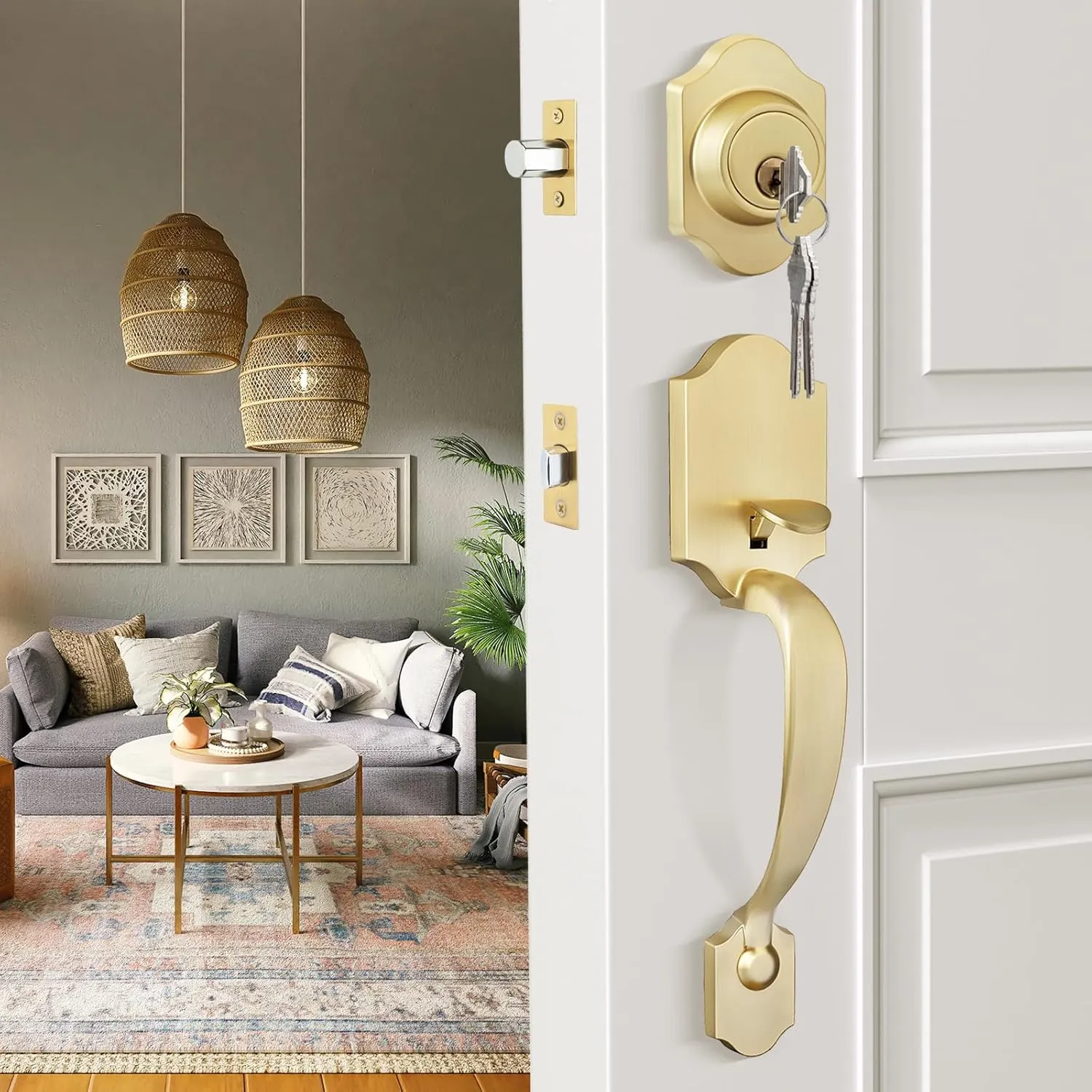 Haidms Gold Front Door Handle and Deadbolt Set, Front Door Lock Set, Gold Entry Door Locksets with Deadbolt Single Cylinder, Exterior Door Handle with Reversible Handle Lever