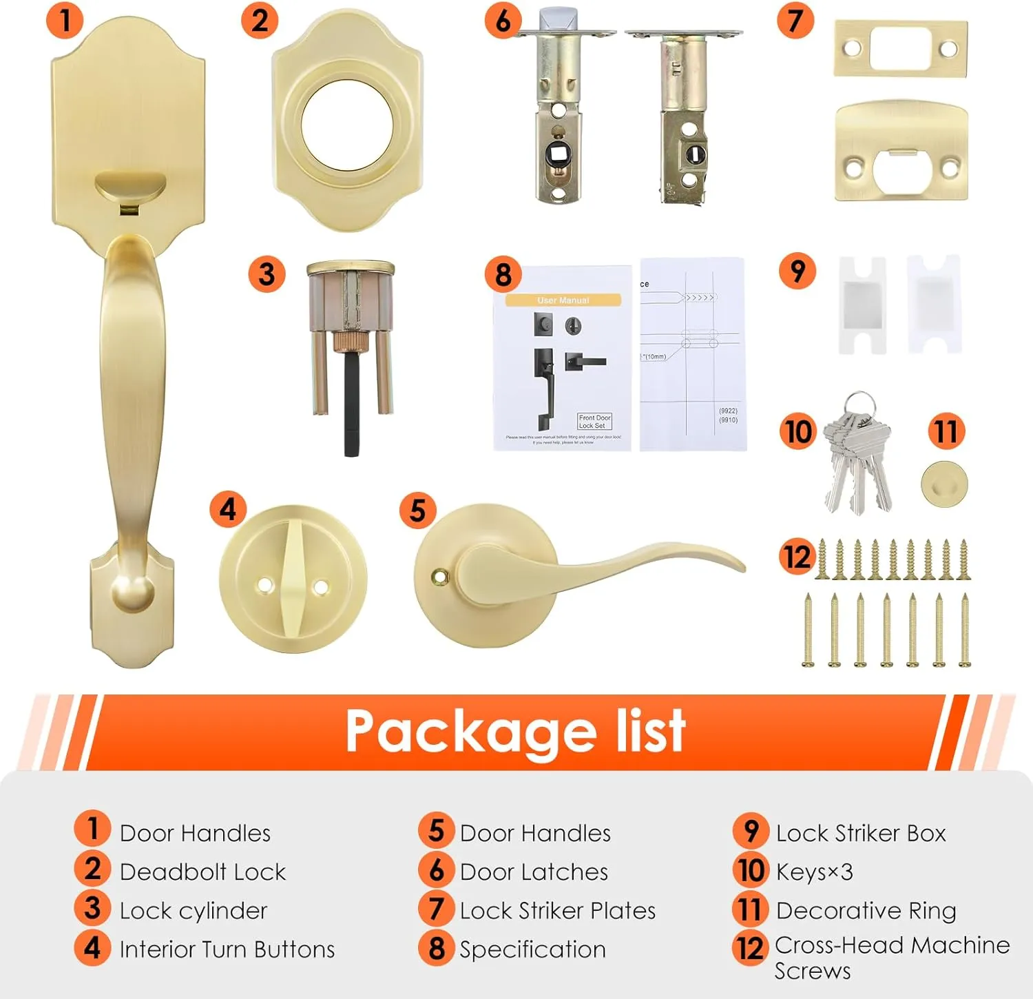 Haidms Gold Front Door Handle and Deadbolt Set, Front Door Lock Set, Gold Entry Door Locksets with Deadbolt Single Cylinder, Exterior Door Handle with Reversible Handle Lever